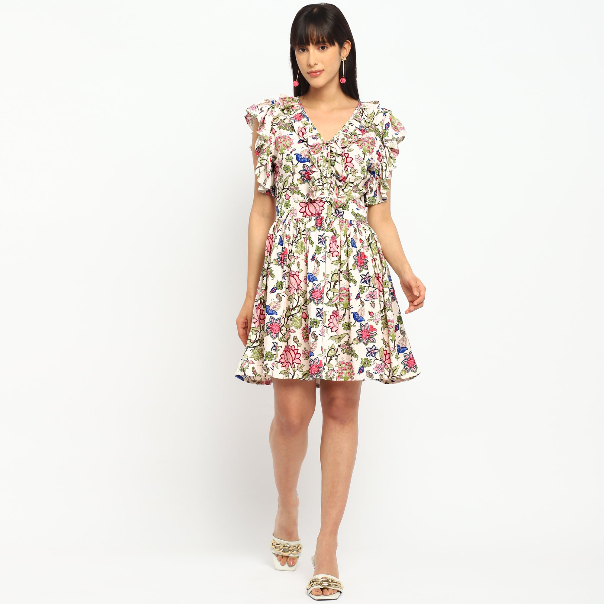 Floral Ruffle Sleeved Mini Dress